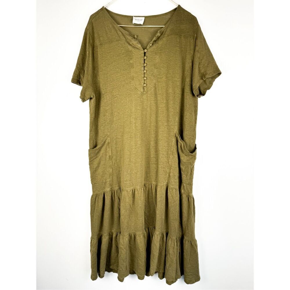 Wrap 100%Linen Minimalist Tiered Midi Shift Dress Breathable Relaxed Resort Wear